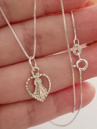 Virgen del Rocío Corazón con cadena  Plata de Ley