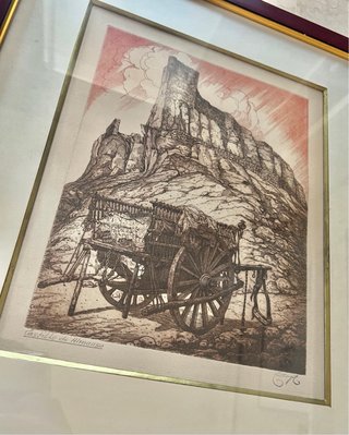 Cuadro antiguo con carro y montaña