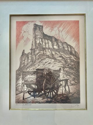 Cuadro antiguo con carro y montaña