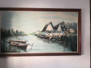 Cuadro Óleo Antiguo Paisaje con Barcas