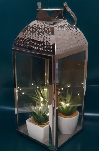 Farol decorativo plateado con luces