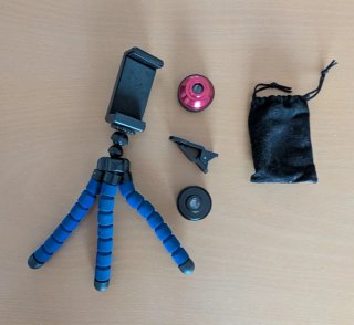 Trípode flexible y lentes para móvil