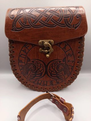 Bolso de cintura y pulsera cuero vikingo medieval