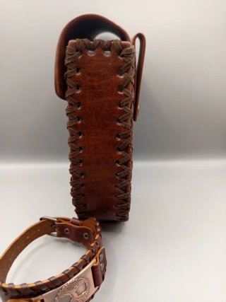 Bolso de cintura y pulsera cuero vikingo medieval