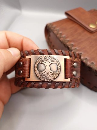 Bolso de cintura y pulsera cuero vikingo medieval