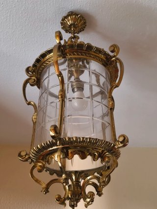 Farol antiguo colgante de bronce y cristal tallado