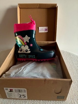 Botas de agua niña azul marino y rosas talla 25