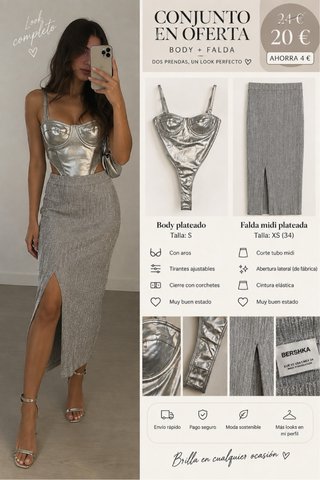 Conjunto Bershka Body + Falda Plateado