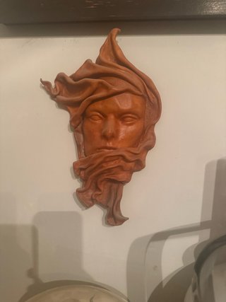 Maschera/Scultura da Parete in Terracotta e Cuoio