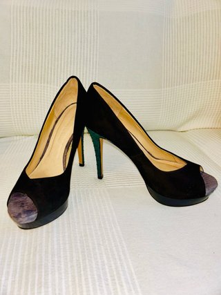Zapatos Zara Peep Toe Ante Negros Talla 38