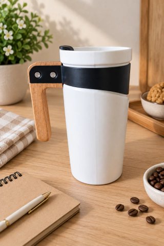 Taza de café cerámica con asa madera