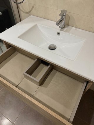 Mueble baño madera con lavabo y grifo 89x45