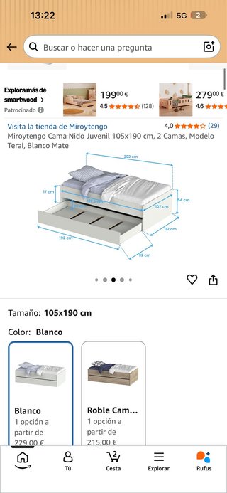 Cama Nido Juvenil Miroytengo Blanca 105x190