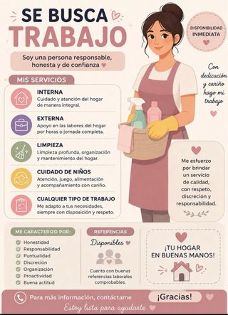 Trabajo de Interna, externa, cuidadora, limpieza.
