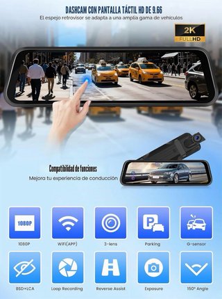 Dash Cam Retrovisor 3 Canales 2K Quad HD