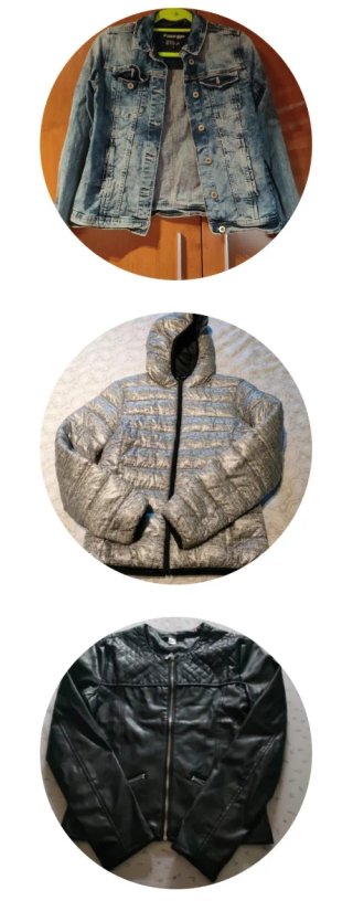 Cazadoras mujer negra, vaquera y gris plateada.