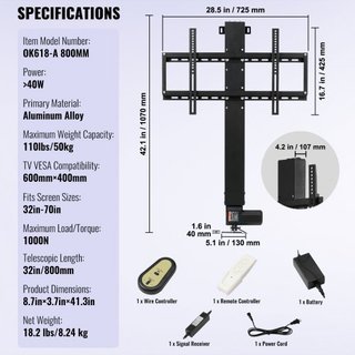 Soporte de TV Elevador Motorizado Montaje Automático para Pantallas Planas LCD/LED/OLED Plasma de 66–152.4 cm Soporte de TV Eléctrico de Alta Resistencia Elevador de TV Motorizado