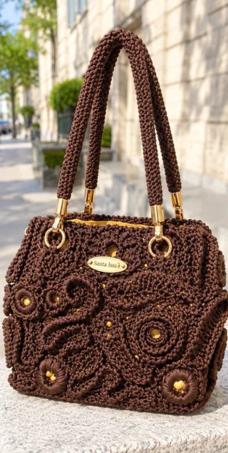 Bolso marrón chocolate hecho a mano, encaje irland