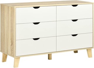 Cómoda de Dormitorio de 6 Cajones, Comoda Moderna con Patas en Trapezio y Manijas Talladas, Mueble para Pasillo, Sala de Estar y Habitación Infantil en Madera, 120X40X76 Cm, Blanco y Roble