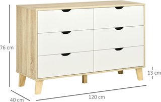Cómoda de Dormitorio de 6 Cajones, Comoda Moderna con Patas en Trapezio y Manijas Talladas, Mueble para Pasillo, Sala de Estar y Habitación Infantil en Madera, 120X40X76 Cm, Blanco y Roble