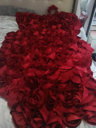 Vestido Novia Rojo Flores Cola Corona