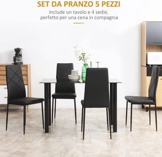 Conjunto de Mesa de Comedor con 4 Sillas, Mesa Rectangular de Vidrio Templado y Acero y Sillas Tapizadas con Respaldo Alto para Cocina y Sala de Estar, Negro