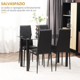 Conjunto de Mesa de Comedor con 4 Sillas, Mesa Rectangular de Vidrio Templado y Acero y Sillas Tapizadas con Respaldo Alto para Cocina y Sala de Estar, Negro