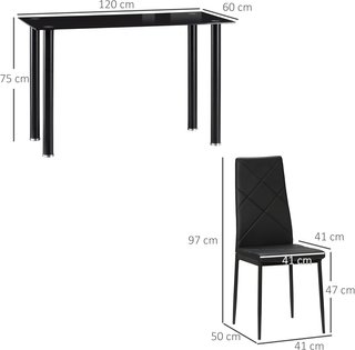 Conjunto de Mesa de Comedor con 4 Sillas, Mesa Rectangular de Vidrio Templado y Acero y Sillas Tapizadas con Respaldo Alto para Cocina y Sala de Estar, Negro