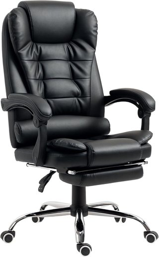 Silla de Oficina Ergonómica Presidencial de Piel PU con Soporte Lumbar, Sillón de Oficina Giratorio con Respaldo Alto Reclinable 145°, Altura Ajustable y Reposapiés Extraíble, Negro
