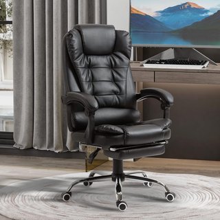 Silla de Oficina Ergonómica Presidencial de Piel PU con Soporte Lumbar, Sillón de Oficina Giratorio con Respaldo Alto Reclinable 145°, Altura Ajustable y Reposapiés Extraíble, Negro
