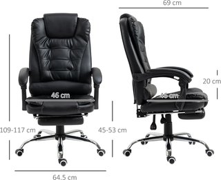 Silla de Oficina Ergonómica Presidencial de Piel PU con Soporte Lumbar, Sillón de Oficina Giratorio con Respaldo Alto Reclinable 145°, Altura Ajustable y Reposapiés Extraíble, Negro