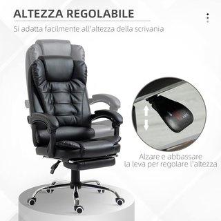 Silla de Oficina Ergonómica Presidencial de Piel PU con Soporte Lumbar, Sillón de Oficina Giratorio con Respaldo Alto Reclinable 145°, Altura Ajustable y Reposapiés Extraíble, Negro