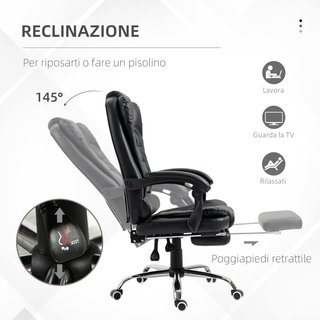 Silla de Oficina Ergonómica Presidencial de Piel PU con Soporte Lumbar, Sillón de Oficina Giratorio con Respaldo Alto Reclinable 145°, Altura Ajustable y Reposapiés Extraíble, Negro