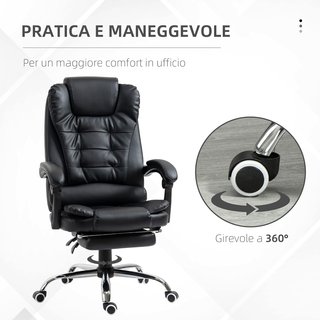 Silla de Oficina Ergonómica Presidencial de Piel PU con Soporte Lumbar, Sillón de Oficina Giratorio con Respaldo Alto Reclinable 145°, Altura Ajustable y Reposapiés Extraíble, Negro