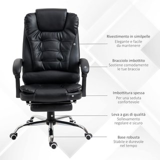Silla de Oficina Ergonómica Presidencial de Piel PU con Soporte Lumbar, Sillón de Oficina Giratorio con Respaldo Alto Reclinable 145°, Altura Ajustable y Reposapiés Extraíble, Negro