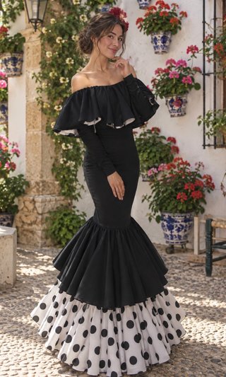 Vestido Flamenca Negro con Lunares Blanco