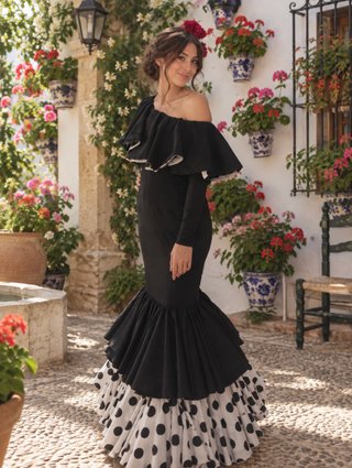 Vestido Flamenca Negro con Lunares Blanco