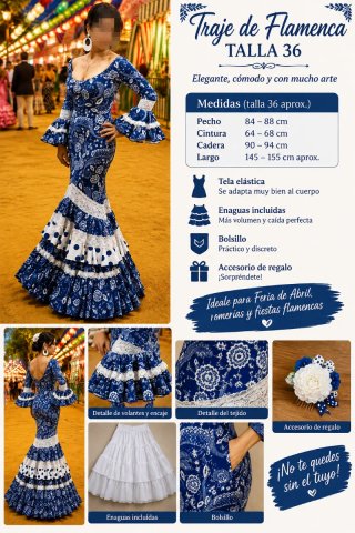 Traje de Flamenca Talla 36 ,tela licra Azul y Blan