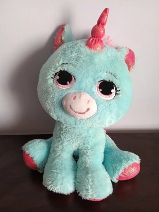 Peluche unicornio azul con detalles rosa