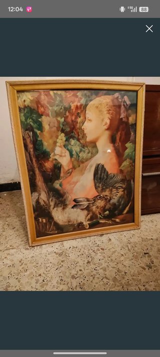 Cuadro antiguo mujer con animales