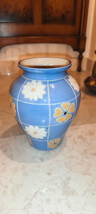 Vaso ceramica vintage blu e giallo