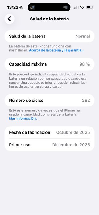 iPhone 17 Pro Max - Salud Batería 98%