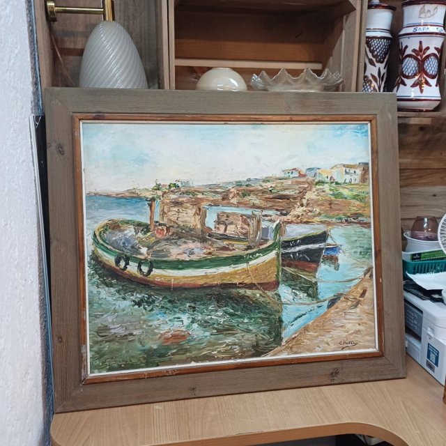 ANTIGUA PINTURA OLEO, MARINA, CON FIRMA CHIM
