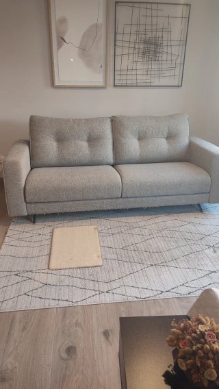 Sofá de tela gris casi nuevo. Más dos mesas Arregl