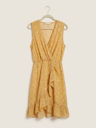 Vestido corto floral mostaza con volantes