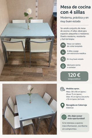 Mesa de cocina con 4 sillas cristal templado
