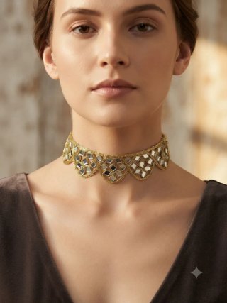 Gargantilla choker dorada y plateada con espejos