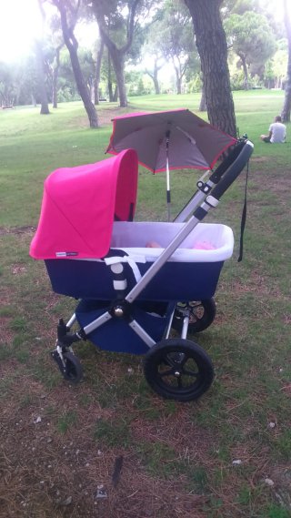 Carro de bebé Bugaboo azul y rosa