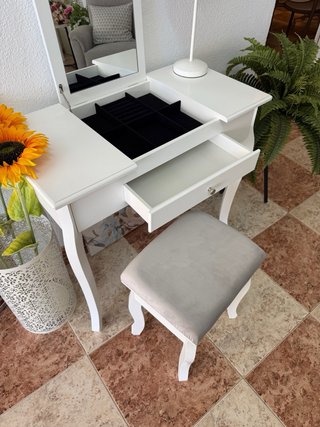 Tocador blanco con espejo y taburete | Joyero