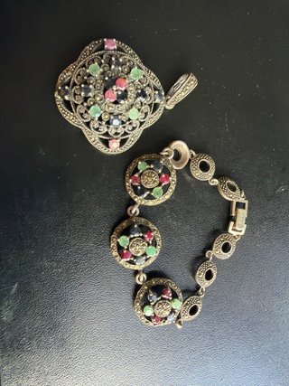 Conjunto Plata Antiguo Piedras Multicolor